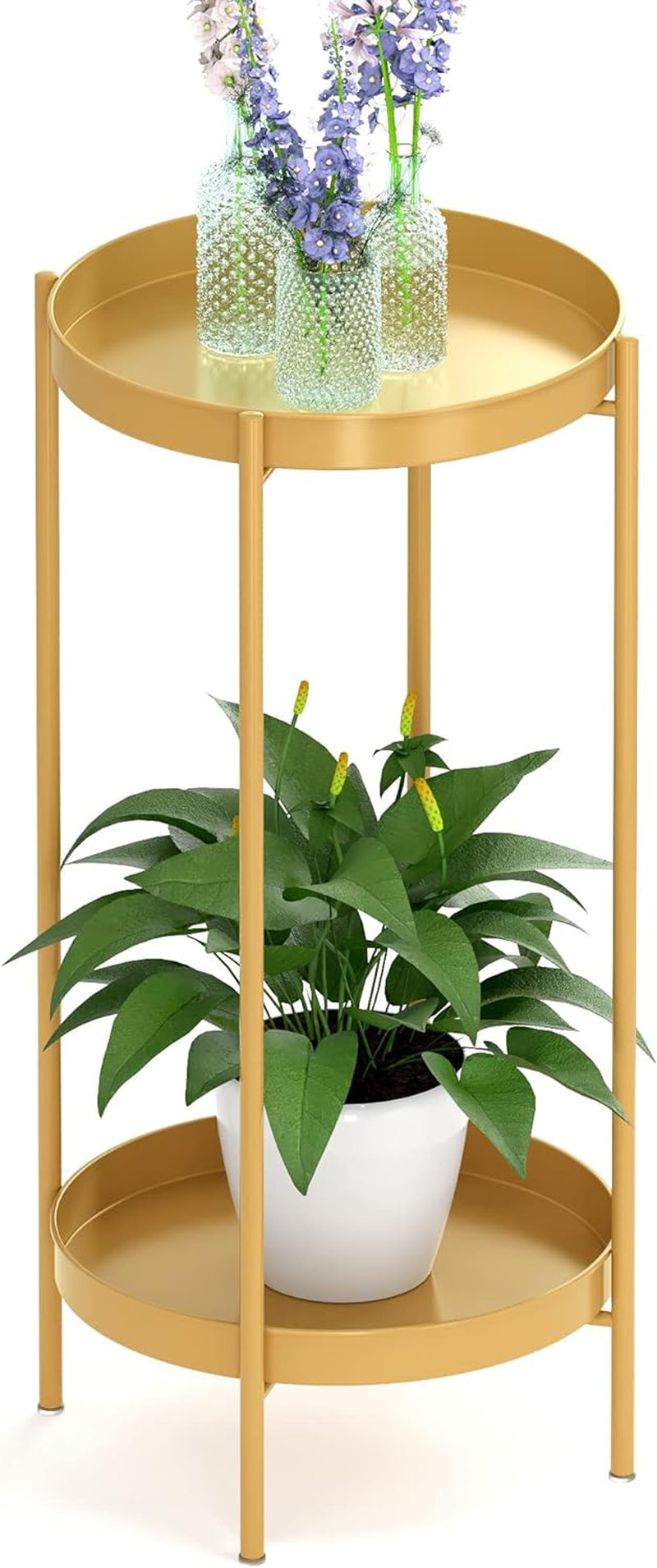 OVICAR Plant Stand Indoor Outdoor - Flower Pot Holder Metal Plant Rack Organizer, 2 Tiers Tall Plant Display Storage Shelf Table for Home Garden Patio Bathroom Office Living Room Balcony Corner (Gold)