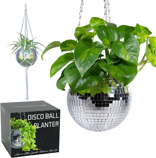 SCANDINORDICA Disco Ball Planter – Value Package: Mirror Disco Planter with Chain, Macrame Hanger and Acrylic Stand for Desk, Includes Self Watering Insert, Disco Ball Decor | 6 Inch Silver