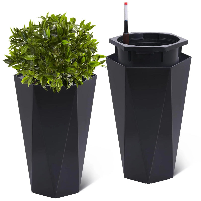 23" Tall Planters Set of 2, Outdoor＆Indoor Planter Pots, High Front Porch Planter Pots with Drainage Holes＆Water Level Monitor＆Inner Bucket, Automatic Watering, Convenience Instill, Black